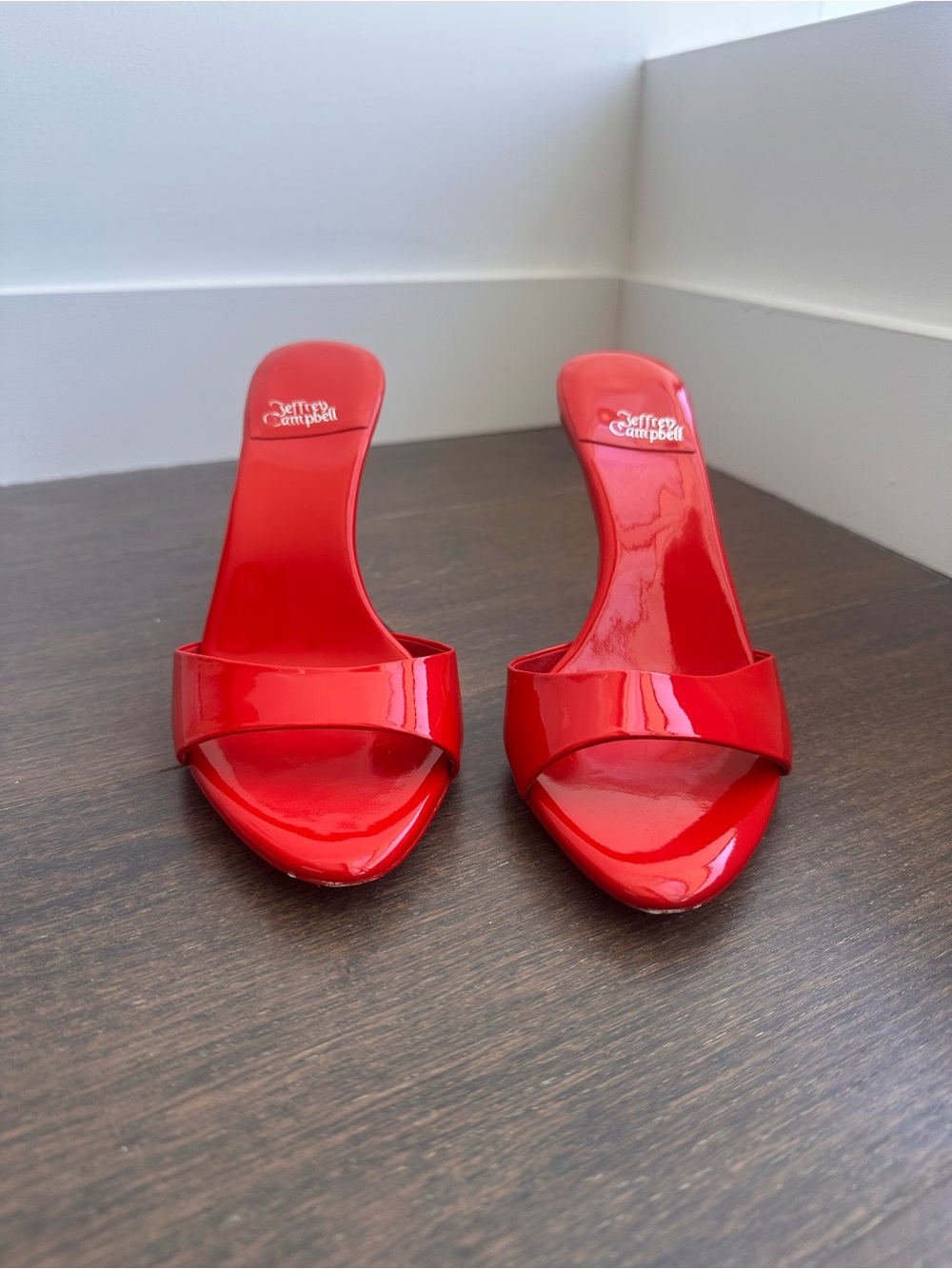 Jeffrey Campbell Ce-Soire Slide Sandal in light red patent leather